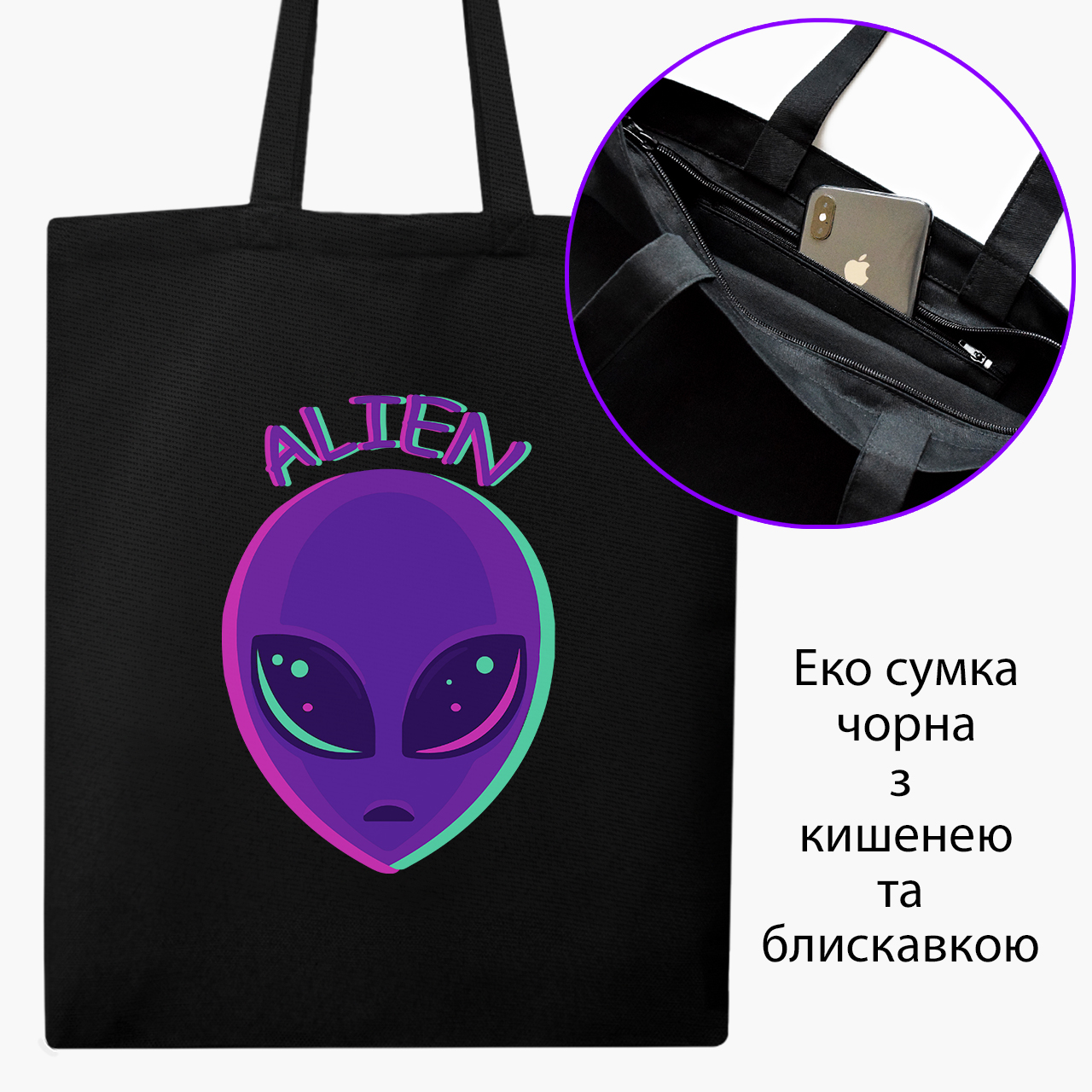 

Эко сумка шоппер на молнии Инопланетянин (9227-1963) 41x35 см Черный
