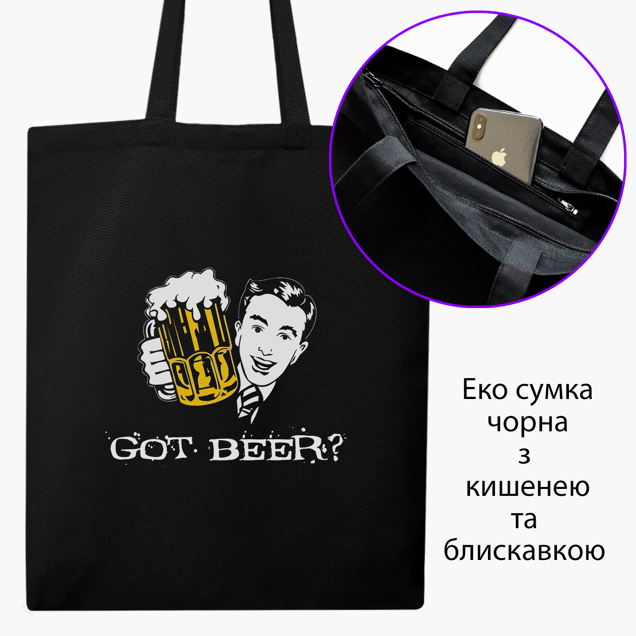 

Эко сумка шоппер на молнии Есть пиво (Have a beer) (9227-2002) 41x35 см Черный