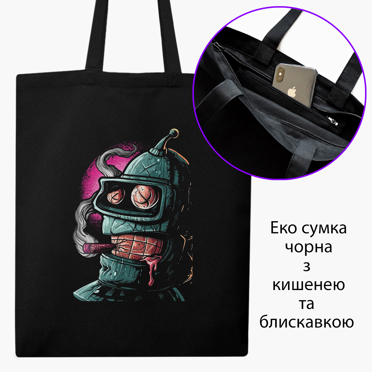 

Эко сумка шоппер на молнии Футурама Бендер (Futurama Bender) (9227-2868) 41x35 см Черный