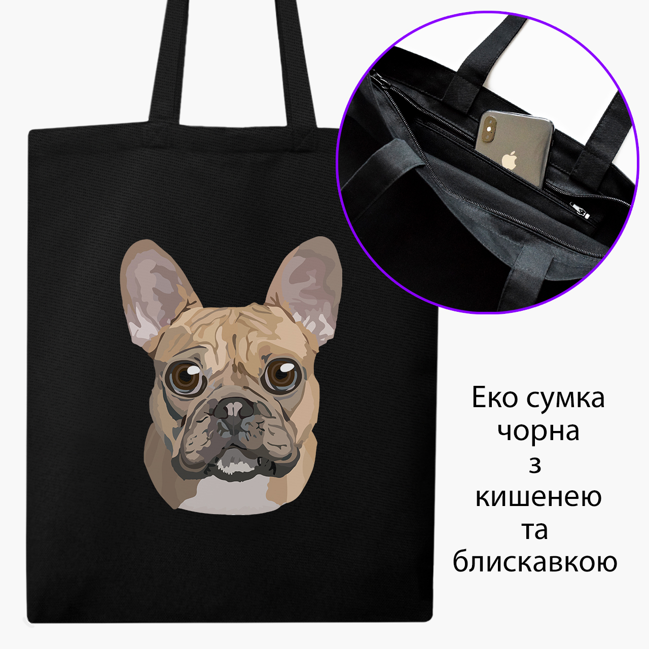 

Эко сумка шоппер на молнии Французский бульдог (9227-2857) 41x35 см Черный