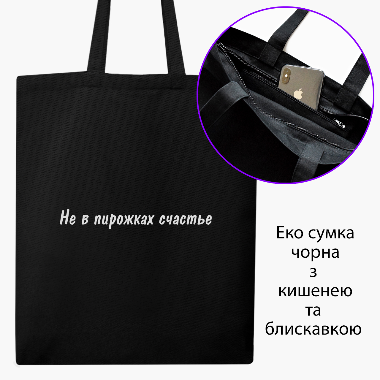 

Эко сумка шоппер на молнии Не в пирожках счастье (Happiness is not in pies) (9227-1292) 41x35 см Черный