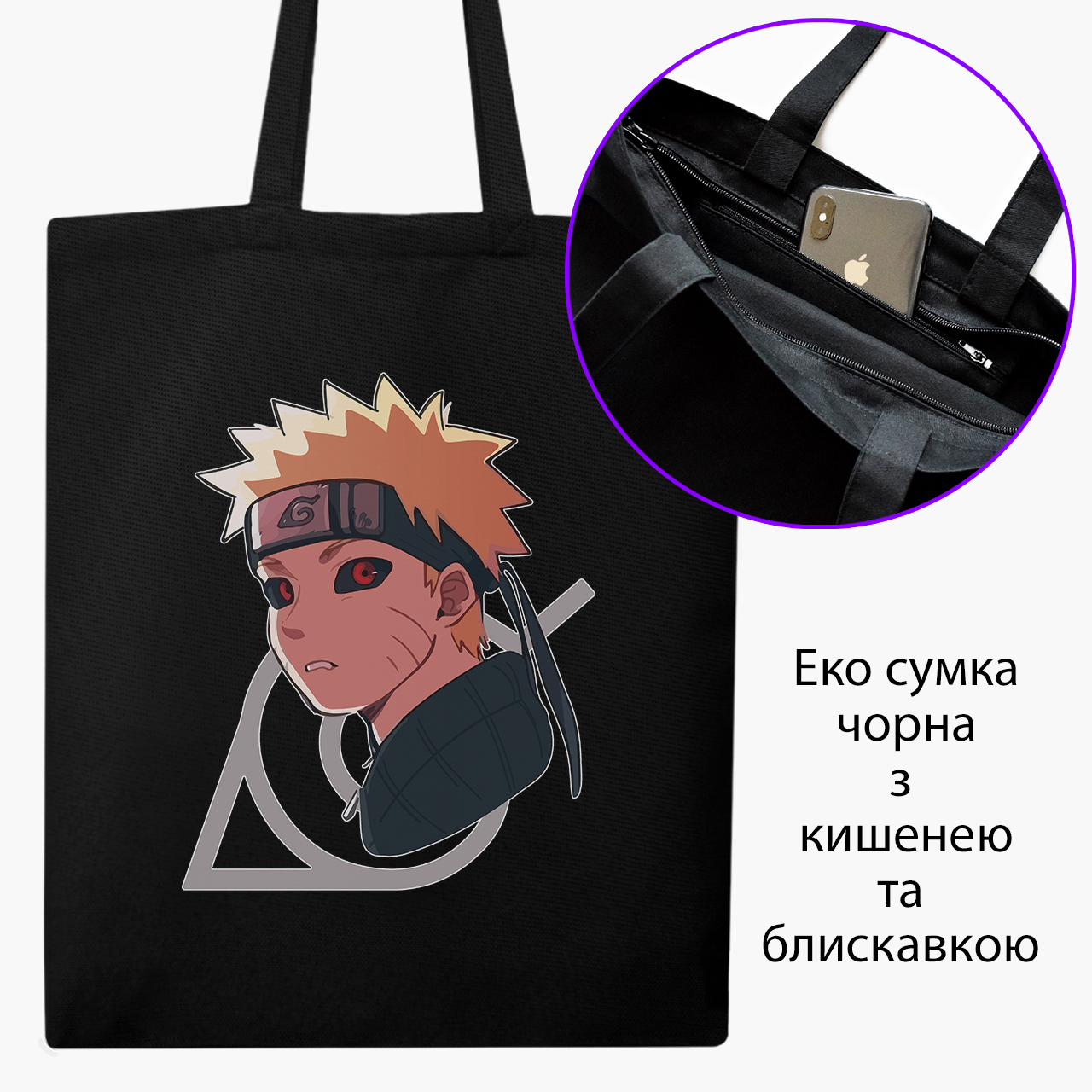 

Эко сумка шоппер на молнии Naruto Uzumaki (9227-2822) 41x35 см Черный