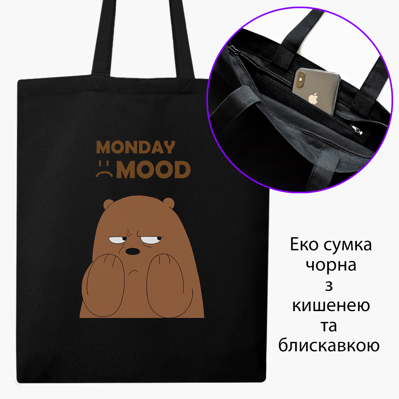 

Эко сумка шоппер на молнии Вся правда о медведях (We Bare Bears) (9227-2900) 41x35 см Черный