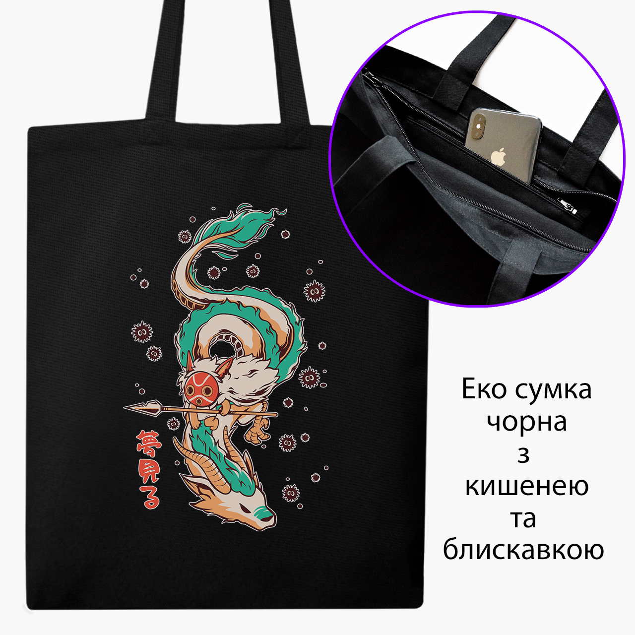 

Эко сумка шоппер на молнии Spirited Away (9227-2832) 41x35 см Черный