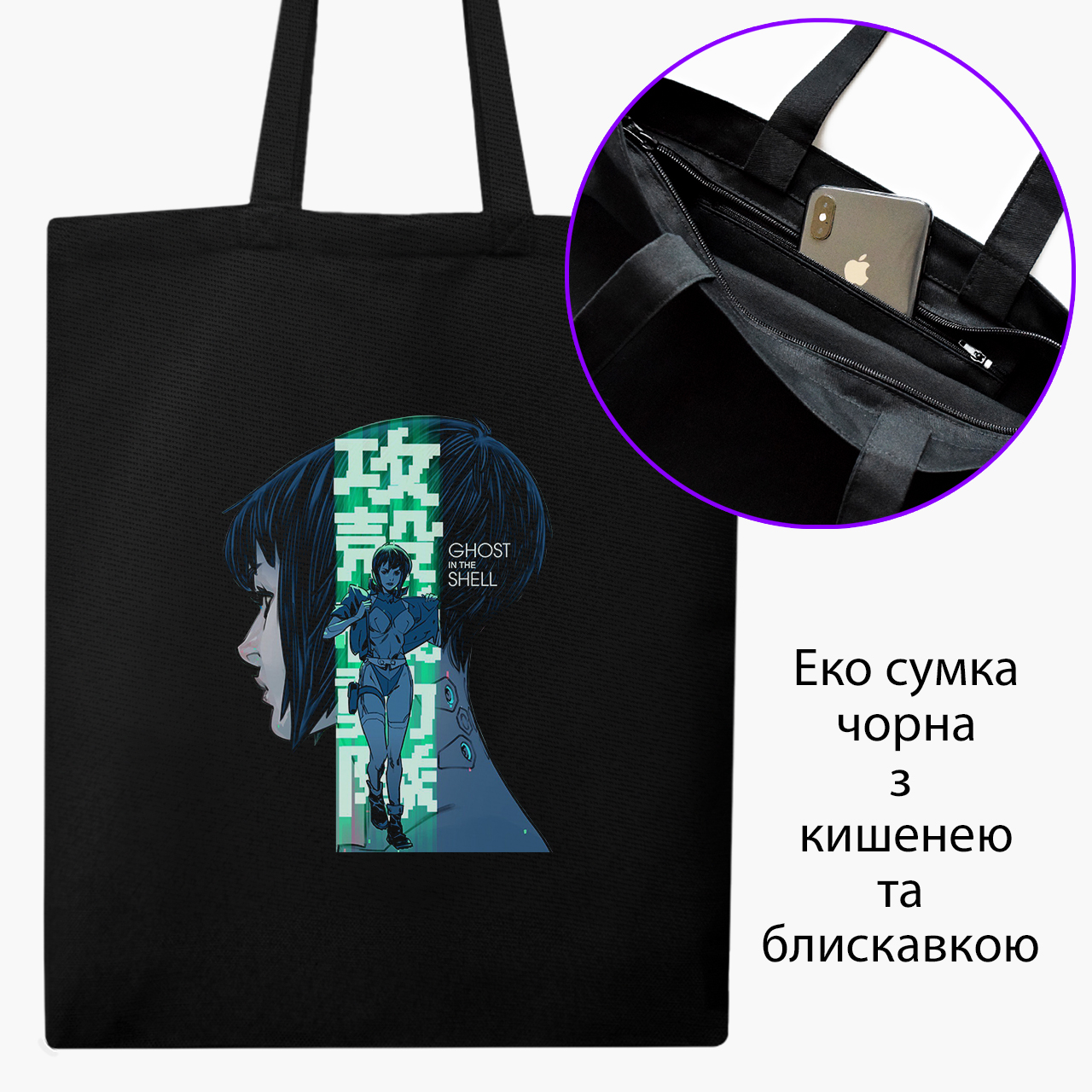 

Эко сумка шоппер на молнии Призрак в доспехах Мотоко Кусанаги (Ghost in the Shell Motoko Kusanagi) (9227-2651) 41x35 см Черный