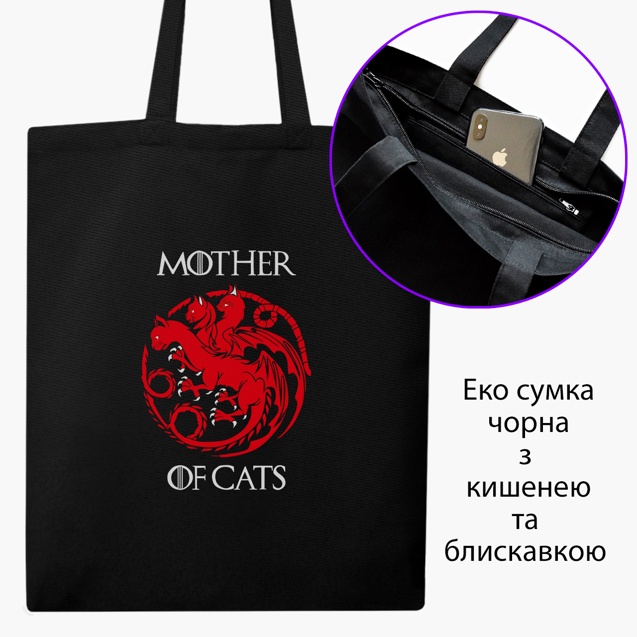

Эко сумка шоппер на молнии Мать котов (Mother Of Cats) (9227-2015) 41x35 см Черный