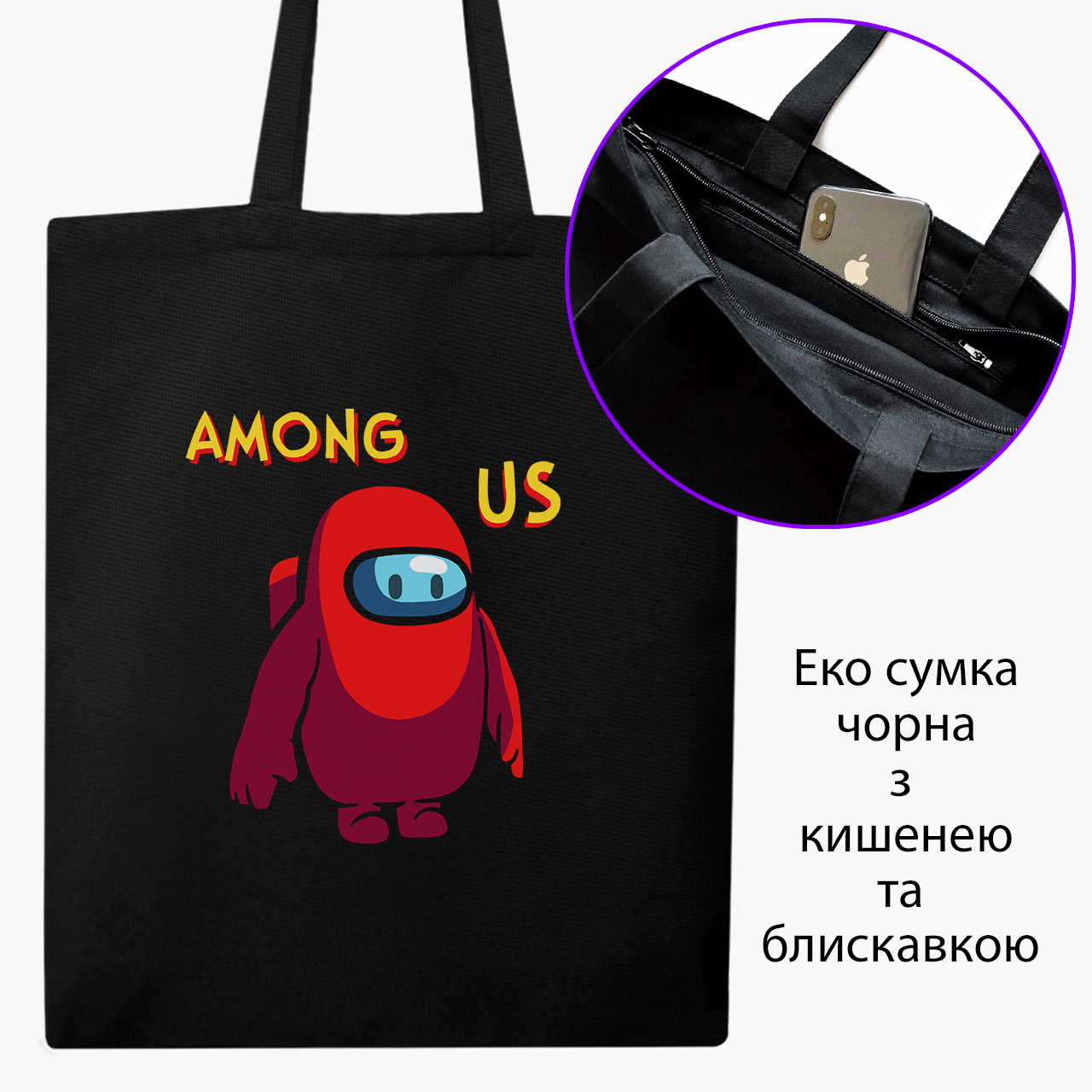 

Эко сумка шоппер на молнии Амонг Ас Красный (Among Us Red) (9227-2411) 41x35 см Черный