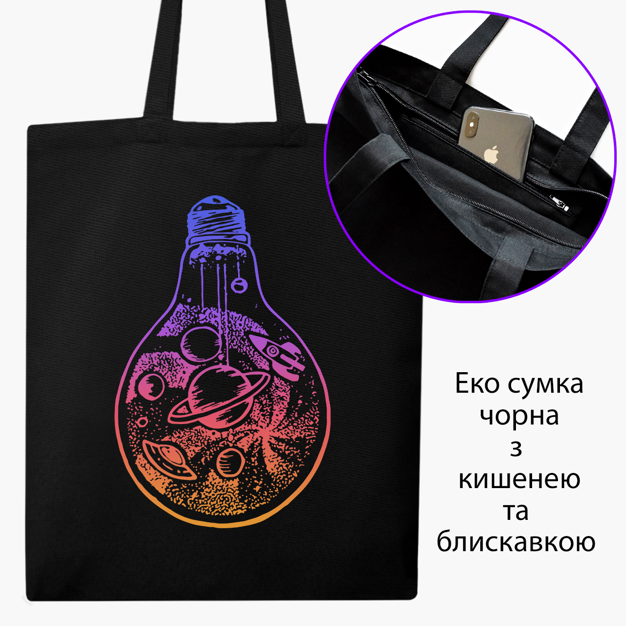 

Эко сумка шоппер на молнии Планеты в лампочке (9227-2839) 41x35 см Черный
