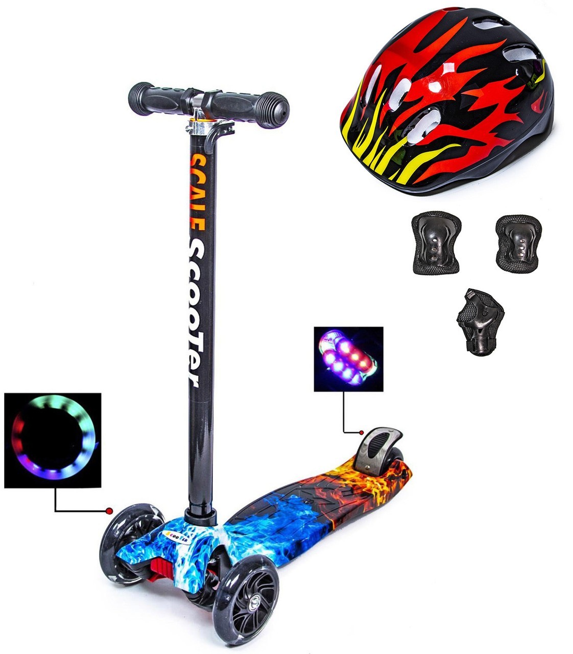 

Самокат Scale Sport Maxi Fire and Ice с комплектом защиты чёрный цвет светящиеся колеса
