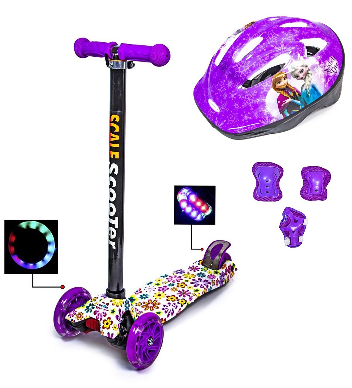 

Самокат Scale Sport Maxi Violet Flowers с комплектом защиты фиолетовый цвет светящиеся колеса