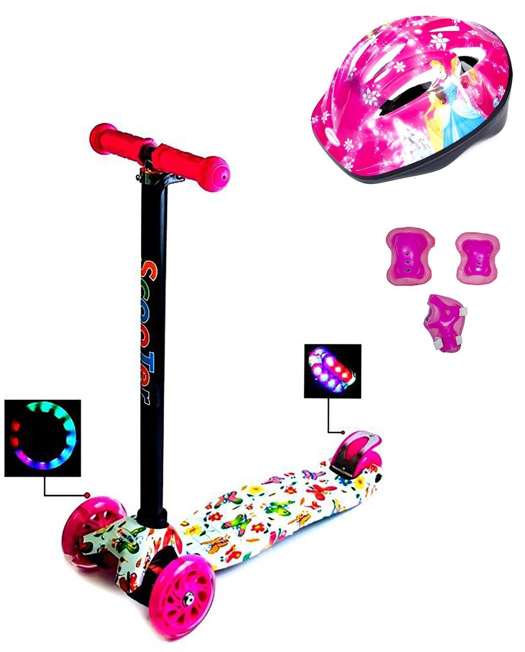 

Самокат Scale Sport Maxi Butterfly с комплектом защиты розовый цвет светящиеся колеса