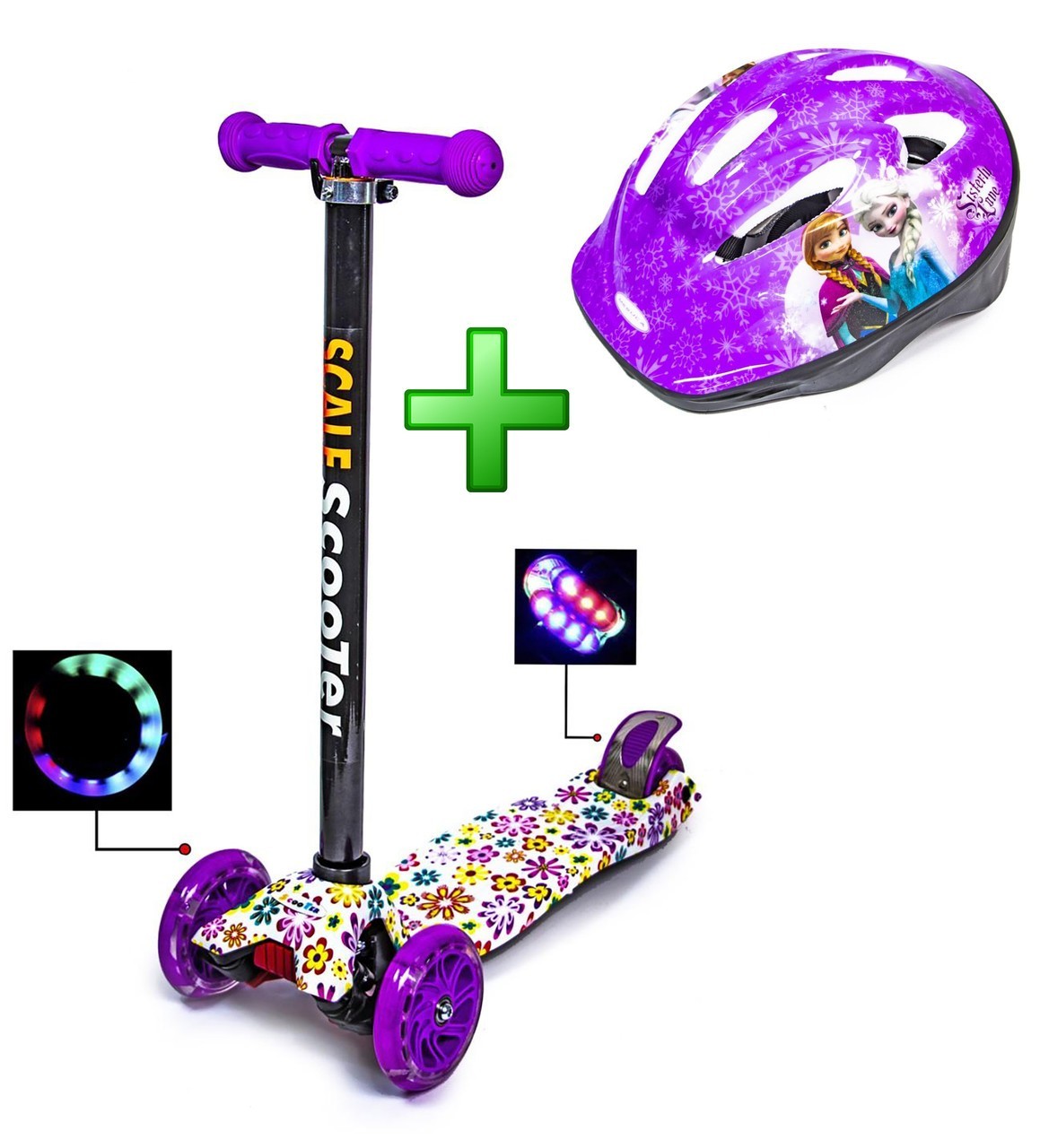 

Самокат Scale Sport Maxi Violet Flowers с шлемом фиолетовый цвет светящиеся колеса