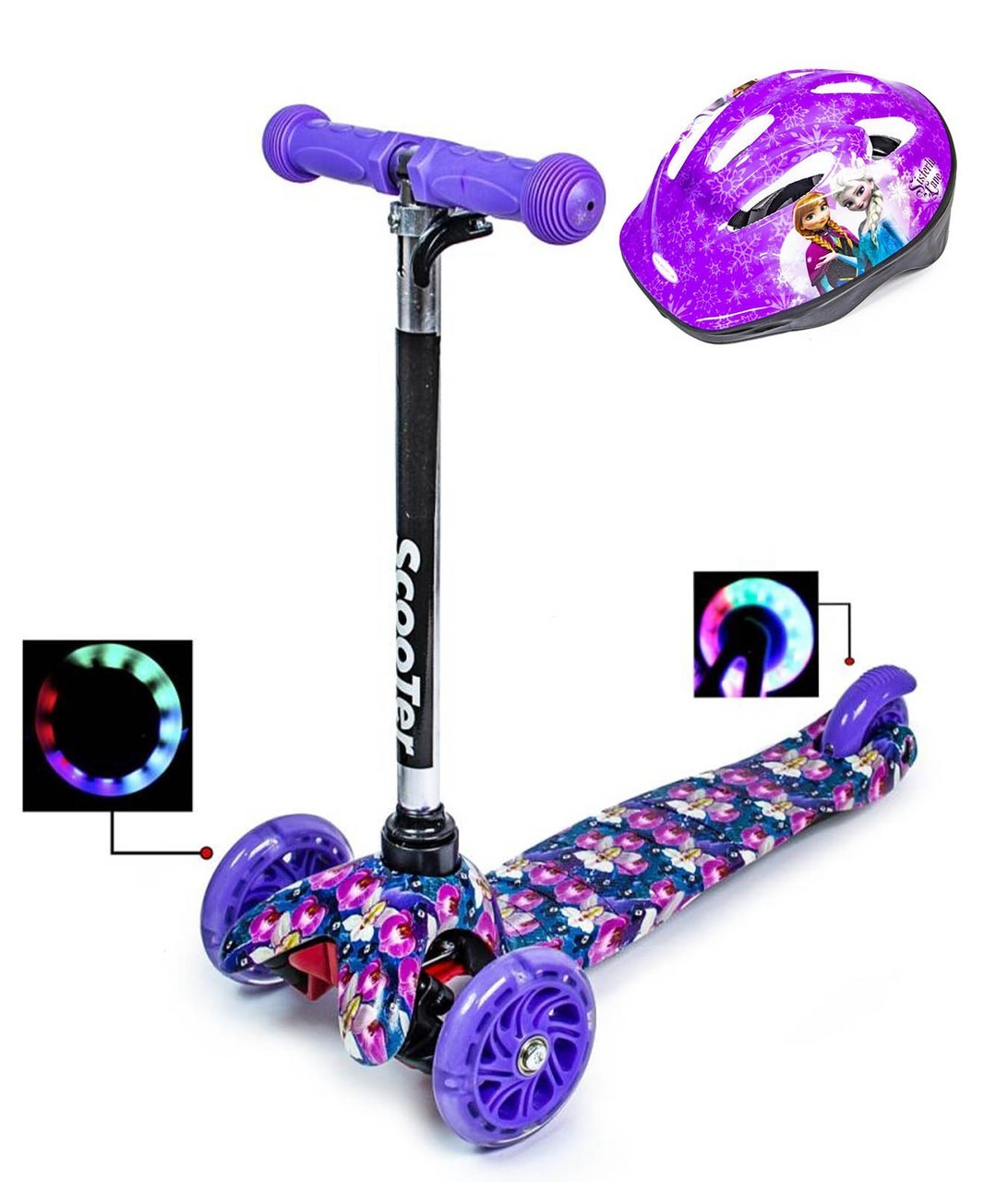

Детский самокат Scale Sports Mini Орхидея с шлемом фиолетовый цвет светящиеся колеса