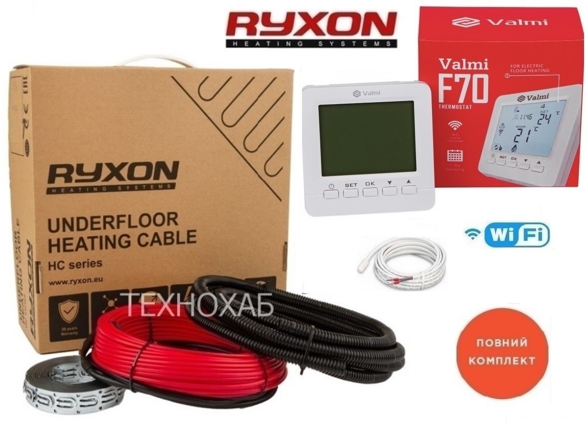 

Теплый кабельный пол Ryxon 12м²-15м²/ 2400Вт (120м) тонкий нагревательный кабель под плитку 20Вт/м с программируемым терморегулятором Valmi F70 WI-FI