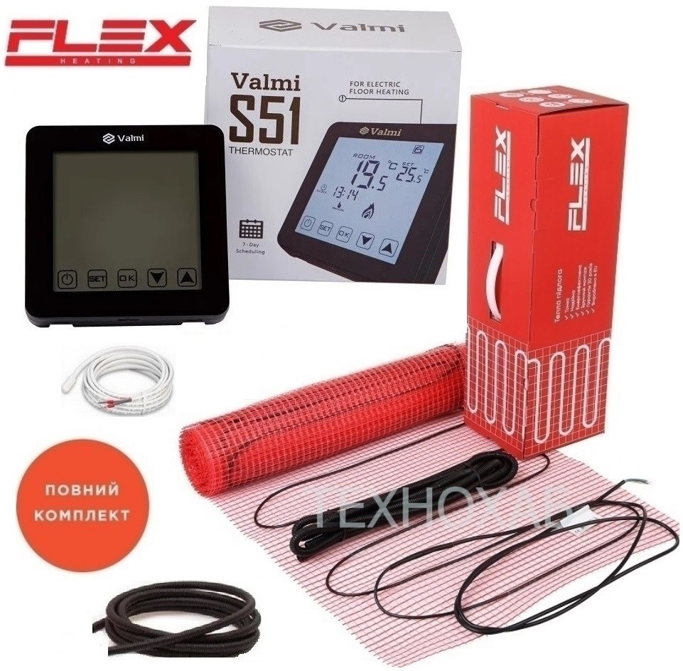 

Нагревательный мат Flex EHM 3,5м²/612,5Вт/ 175Вт/м² электрический теплый пол под плитку с сенсорным программируемым терморегулятором Valmi S51