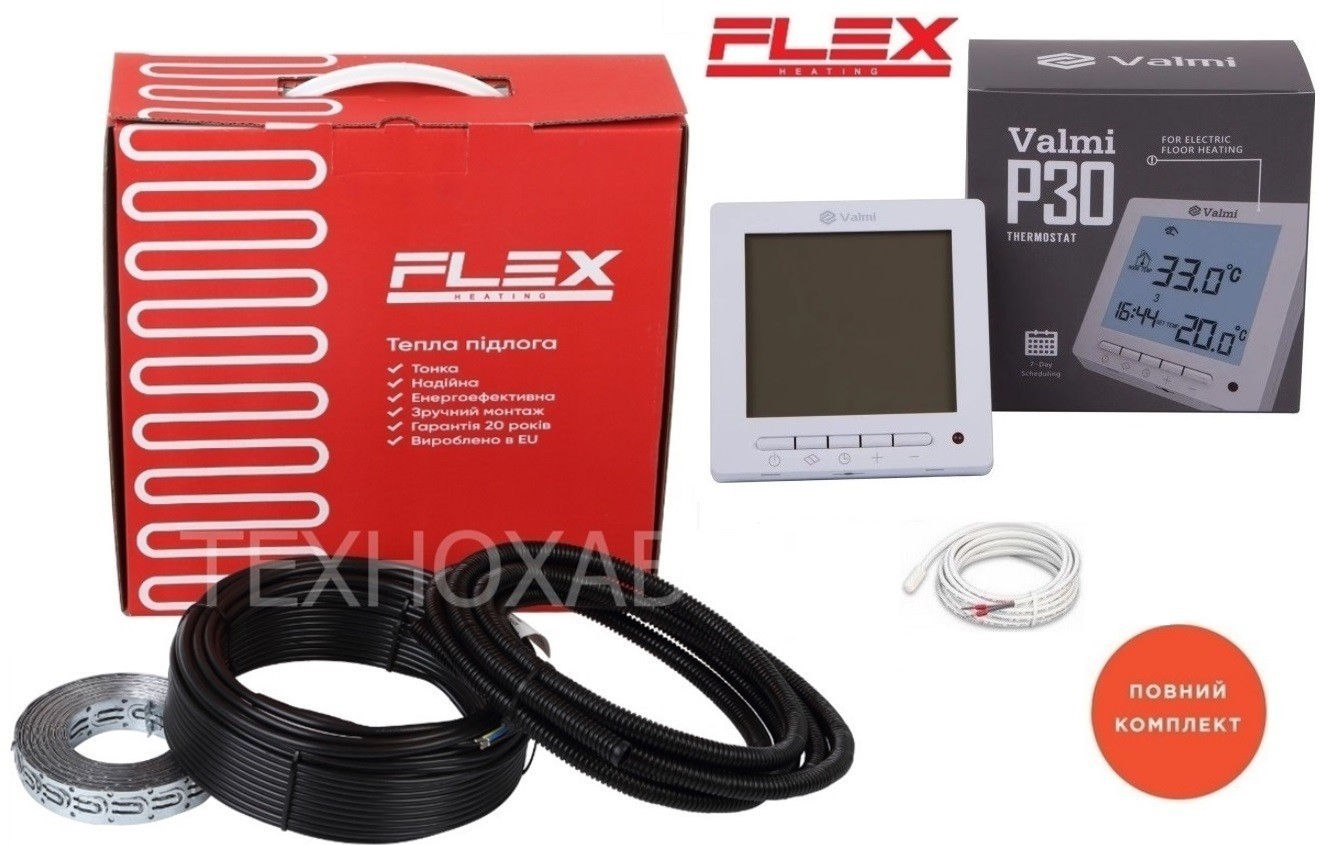 

Электрический теплый пол Flex 15м²-18м²/ 2625Вт (150м) тонкий греющий кабель под плитку 17,5 Вт/м с программируемым терморегулятором Valmi P30