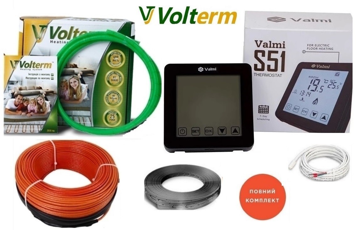 

Кабельный теплый пол Volterm 9,4м²-11,8м²/ 1700Вт (94м) электрический тонкий нагревательный кабель под плитку 18 Вт/м с сенсорным программируемым терморегулятором Valmi S51
