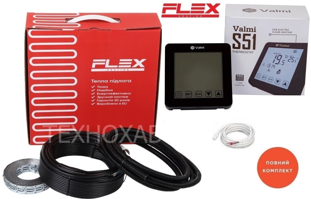 

Кабельный теплый пол Flex 8м²-9,6м²/ 1400Вт (80м) электрический тонкий нагревательный кабель под плитку 17,5 Вт/м с сенсорным программируемым терморегулятором Valmi S51