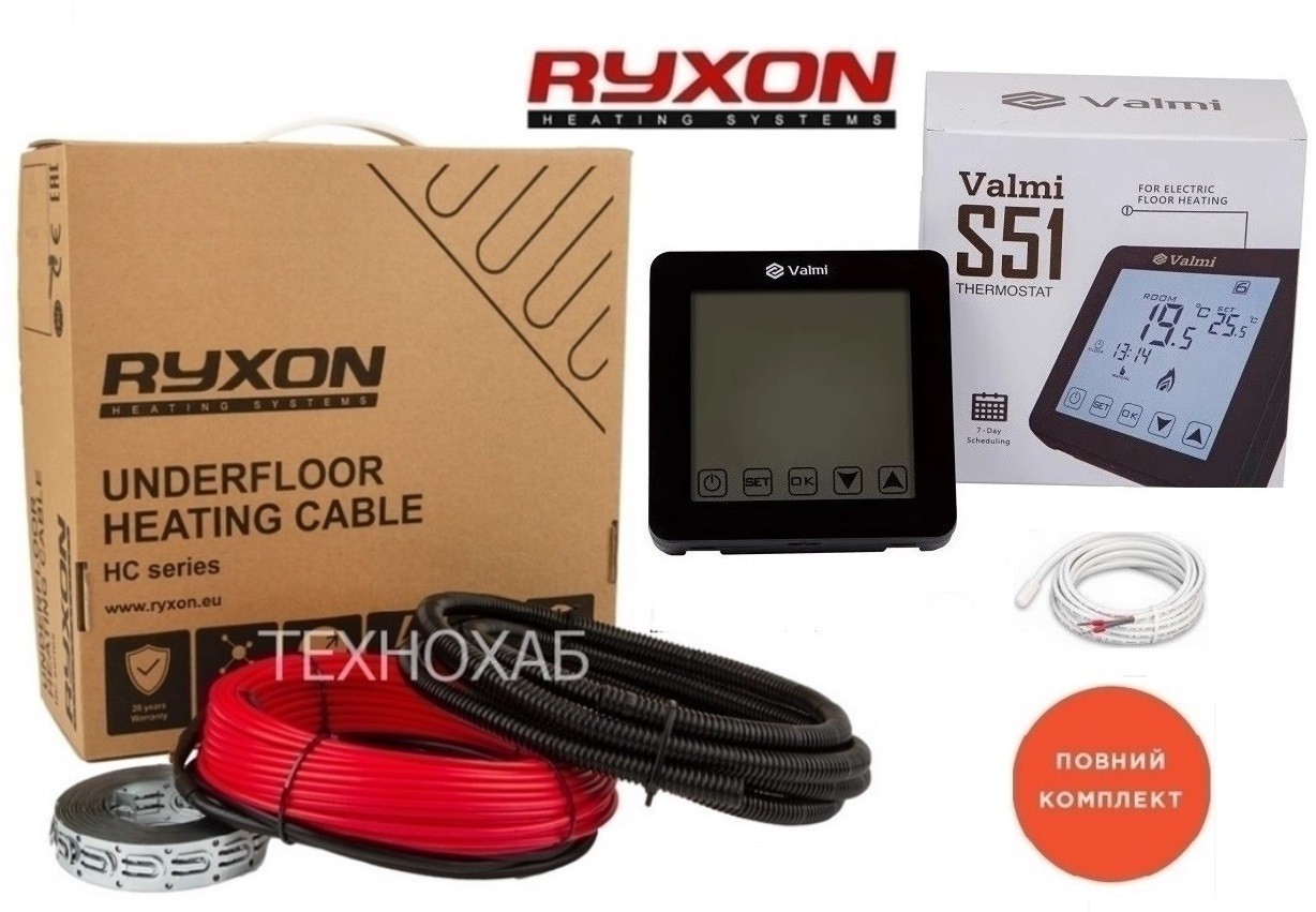 

Кабельный теплый пол Ryxon 11м²-13,8м²/ 2200Вт (110м) электрический тонкий нагревательный кабель под плитку 20Вт/м с сенсорным программируемым терморегулятором Valmi S51