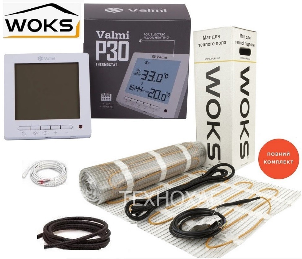 

Электрический теплый пол WoksMat 12м²/1920Ват/ 160Вт/м² тонкий нагревательный мат под плитку с программируемым терморегулятором Valmi P30