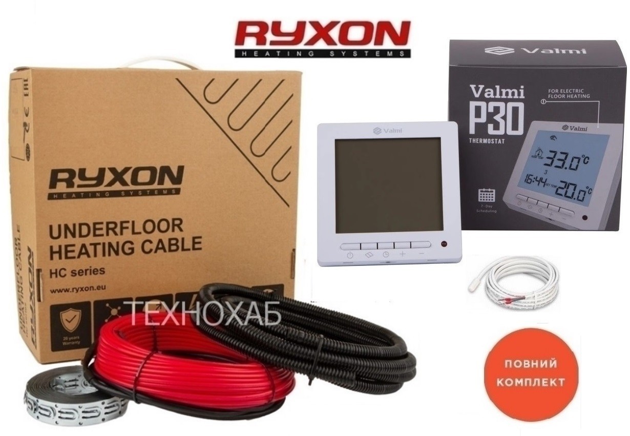 

Электрический теплый пол Ryxon 5м²-6,3м²/ 1000Вт (50м) тонкий греющий кабель под плитку 20 Вт/м с программируемым терморегулятором Valmi P30