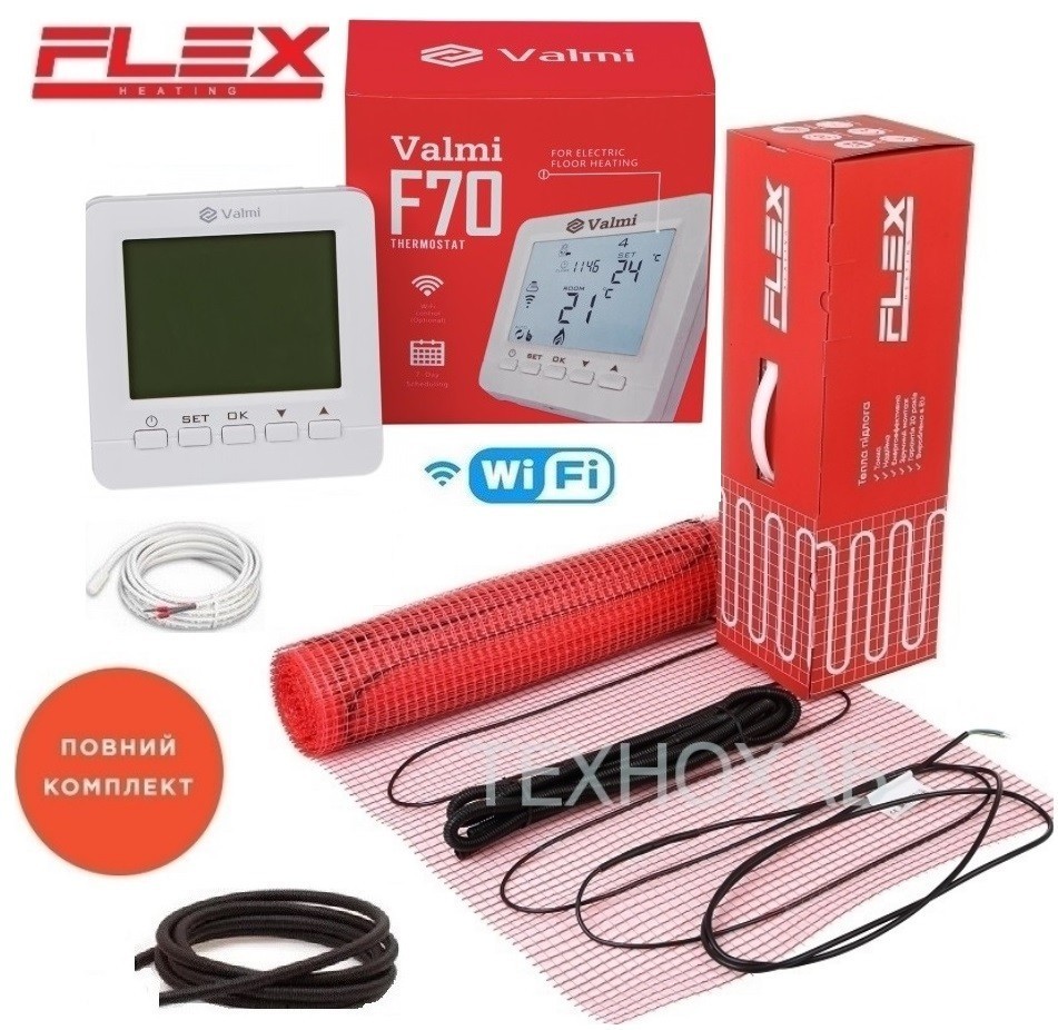 

Кабельный мат Flex EHM 3,5м²/ 612,5Вт/ 175Вт/м² теплый пол электрический под плитку с программируемым терморегулятором Valmi F70 Wi-Fi