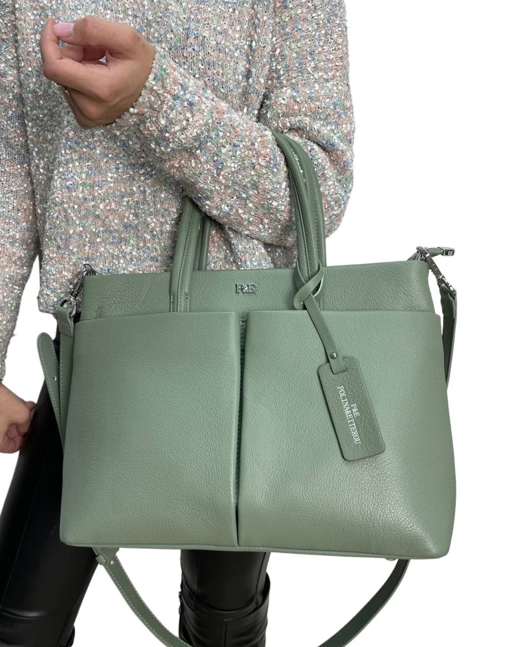 

Женская кожаная сумка спереди два кармана 26 37 12 см. Polina&Eiterou Светло-зеленая