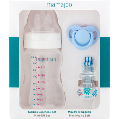 

Набор для кормления новорожденных Mamajoo Мини подарочный с бутылкой Silver 250 мл Голубой (8697767123350)