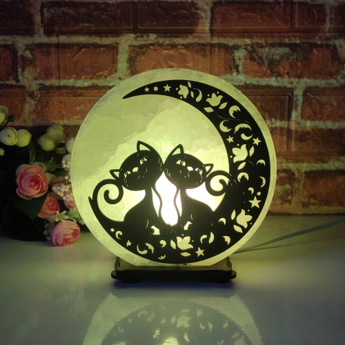 

Соляная лампа EcoDecorLamp круглая Коты на луне ХДФ зелёная