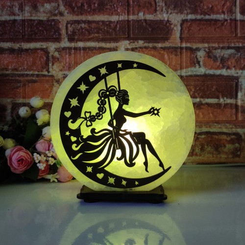 

Соляная лампа EcoDecorLamp круглая Фея на луне ХДФ зелёная