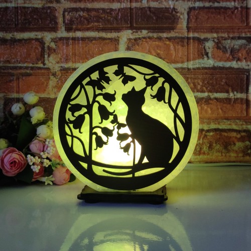 

Соляная лампа EcoDecorLamp круглая Кот ХДФ зелёная