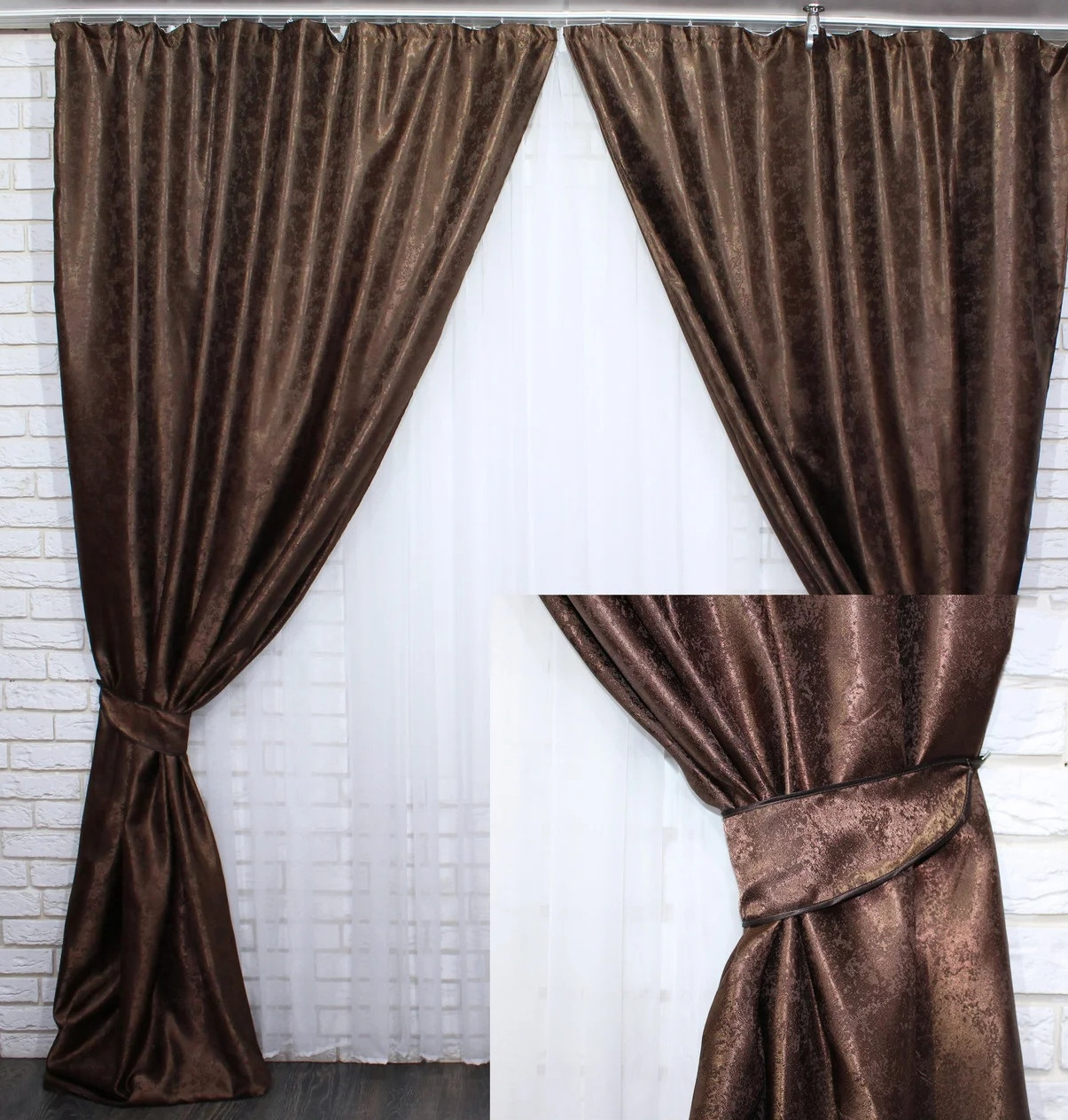 

Комплект жаккардовых штор Chtextil . Ширина каждой шторы по 2.5м Темно коричневый