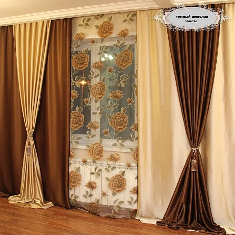 

Шторы Chtextil из атласа, 4 готовые шторы Коричневый/Бежевый