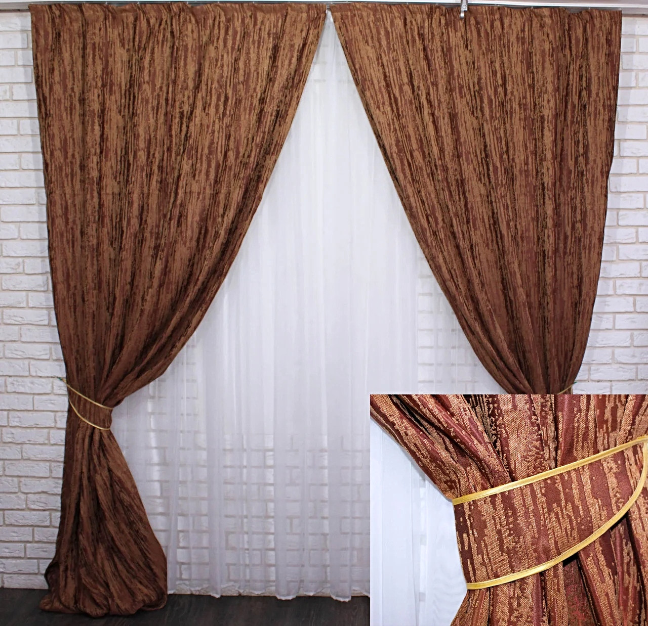 

Шторы Chtextil теракотовые, из ткани лен "Короед" Ширина каждой шторы по 1м