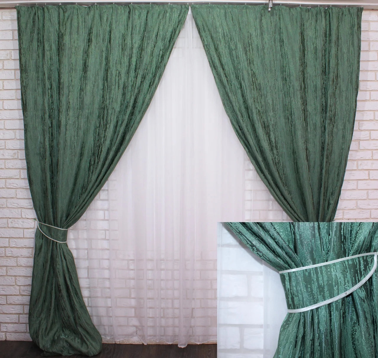 

Шторы Chtextil зеленого цвета, из ткани лен "Короед" Зеленые Ширина каждой шторы по 2м