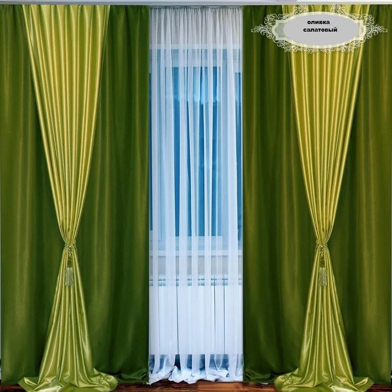 

Шторы Chtextil из атласа, 4 готовые шторы Зеленый с салатовым