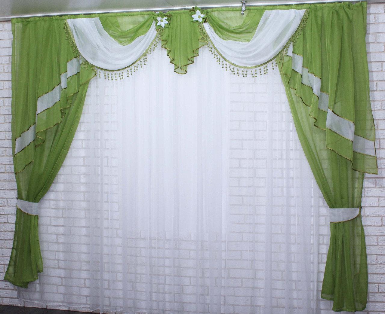 

Ламбрекен з шторами Chtextil на карниз 3м. №28. Колір оливковий с білим.