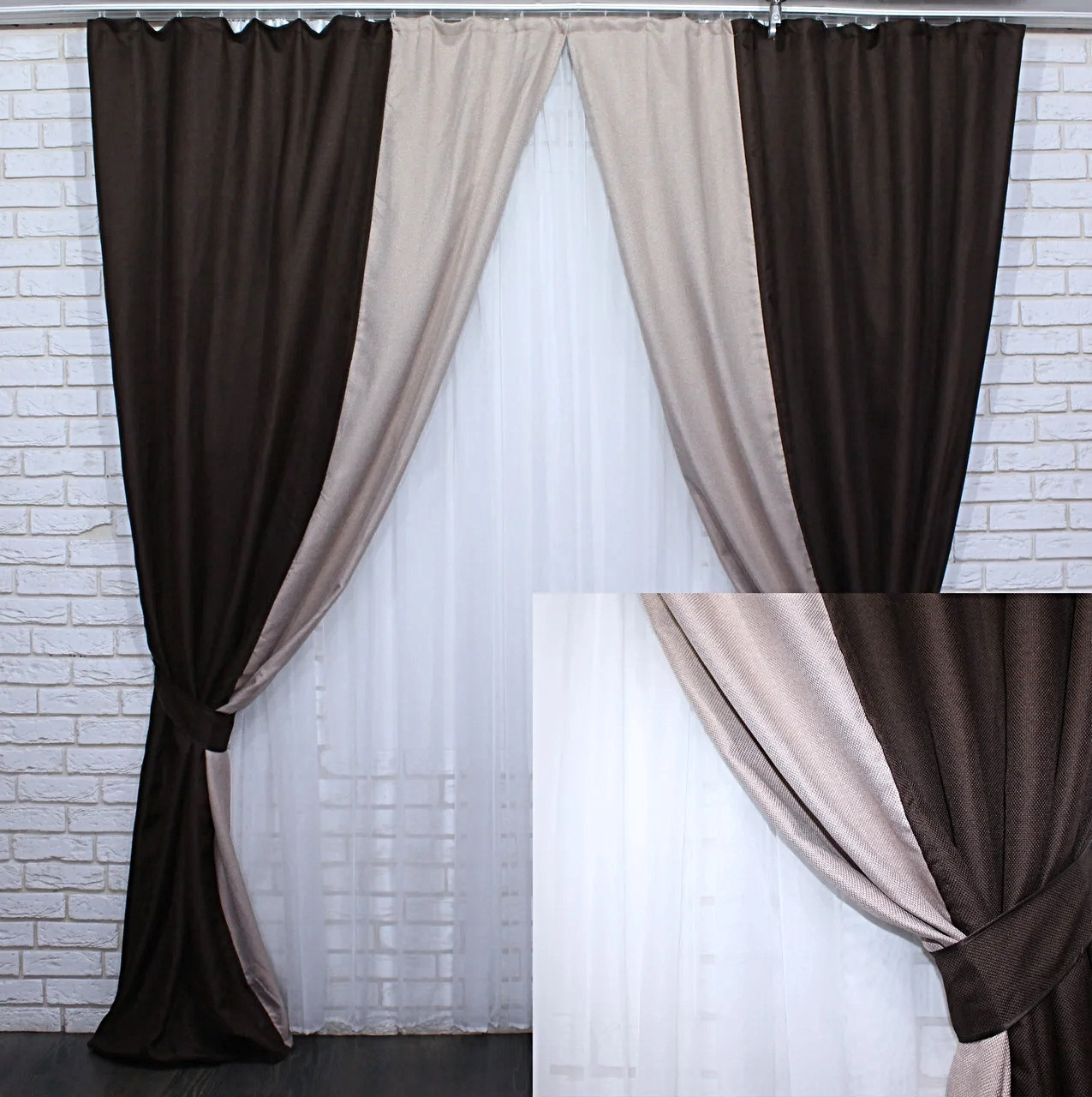 

Комбіновані штори Chtextil з тканини Льон, колір бордовий з бежевим