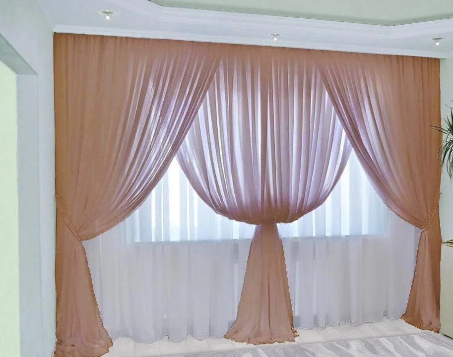 

Шторы Chtextil з шифона. 3 готовые шторы с подхватами Какао