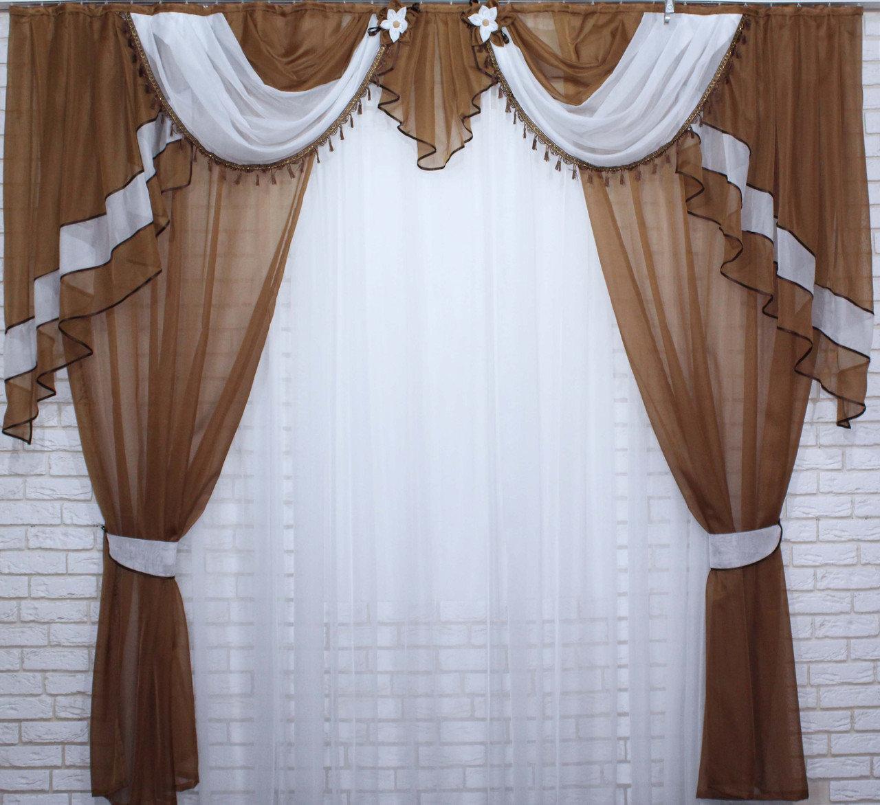 

Ламбрекен з шторами Chtextil на карниз 3м. №28. Колір коричневий с білим.