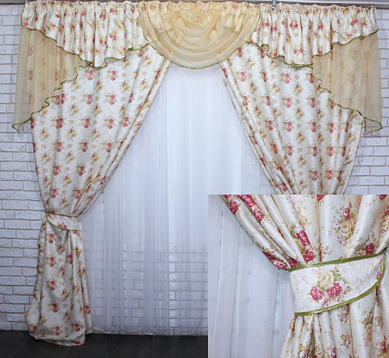 

Шторы с ламбрекеном Chtextil на карниз 3м. Молочный с цветочным принтом