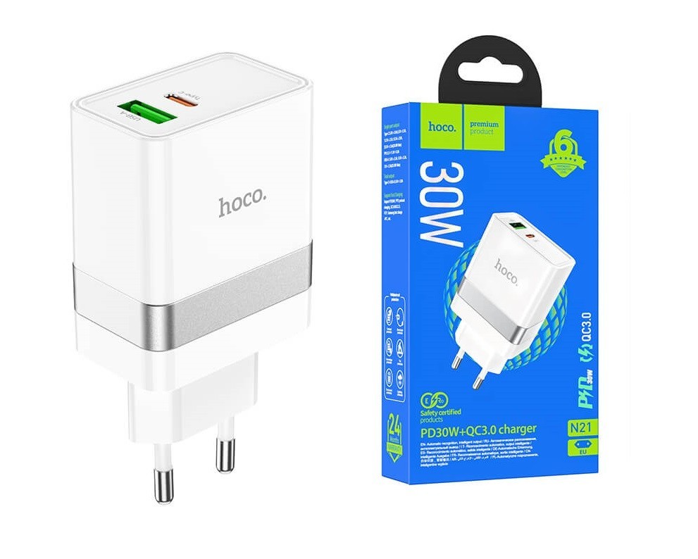 

Зарядное устройство Hoco 30W 2in1 для iPhone 11/12/13/iPad/Samsung/Huawei/Xiaomi white
