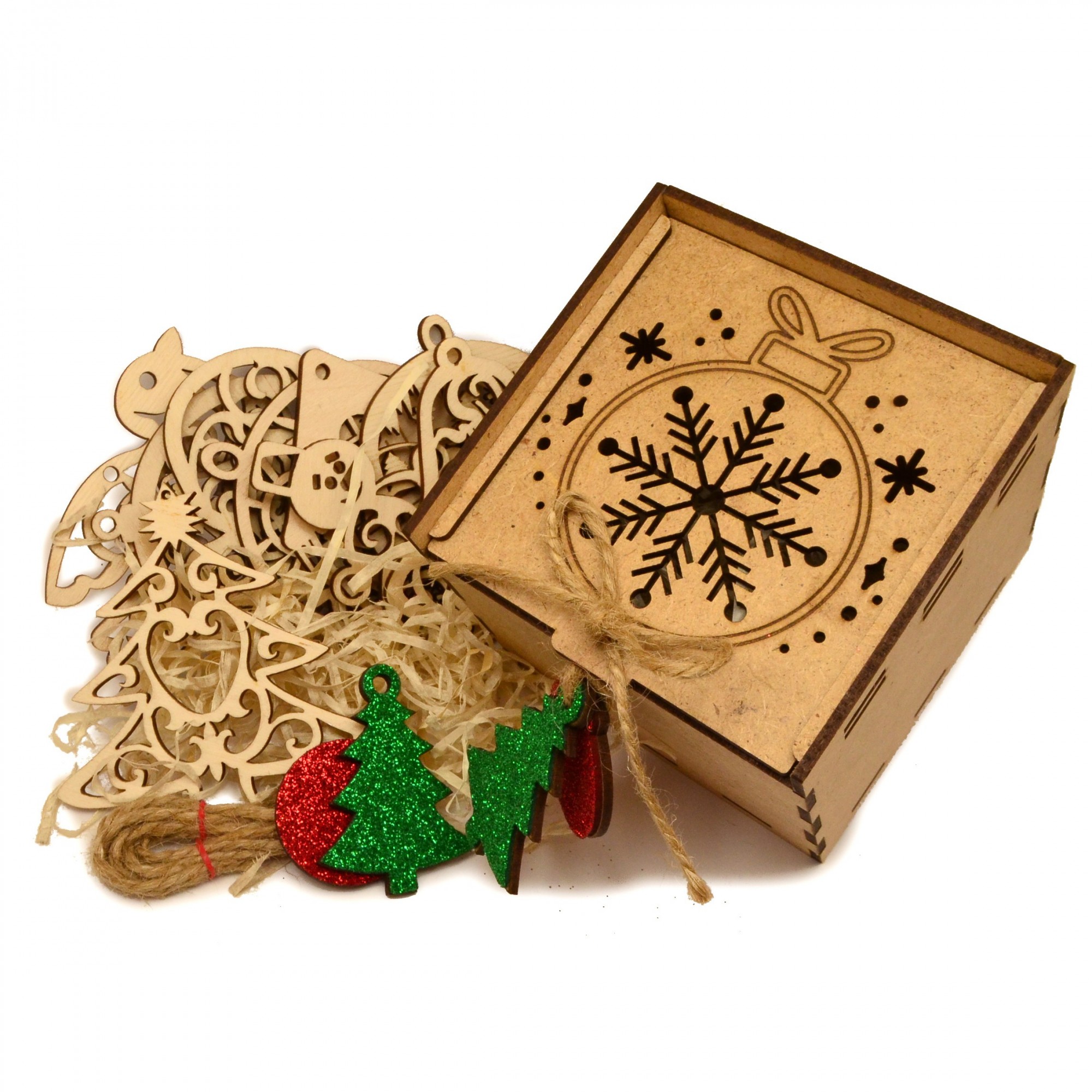 

Подарочный Набор Деревянных Новогодних Елочных Игрушек 10 шт в Коробке из МДФ + Украшение на Ёлку из Фанеры