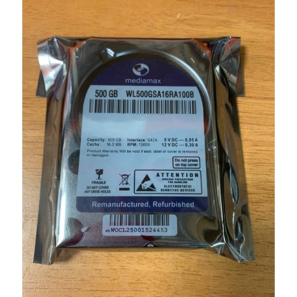 

HDD 2.5" SATA 500GB Mediamax 10000rpm 16MB (WL500GSA16RA100B) Refurbished