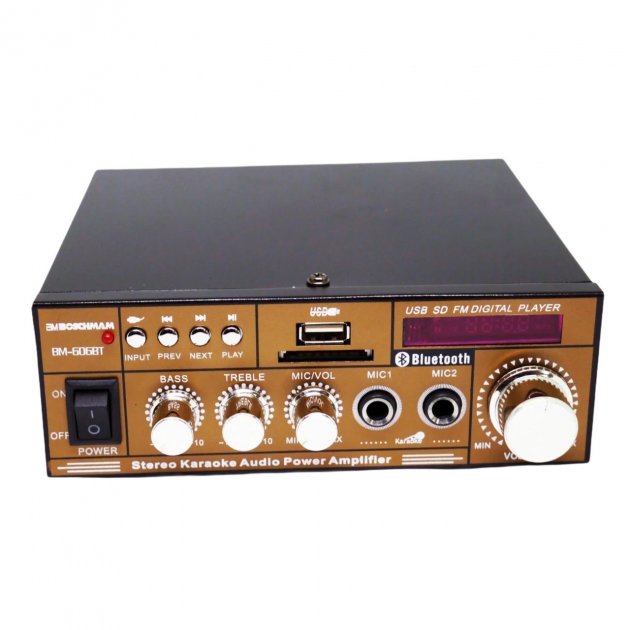 

Усилитель мощности звука 2х канальный Boschmam BM AUDIO BM-606BT с Bluetooth, FM, USB и Караоке