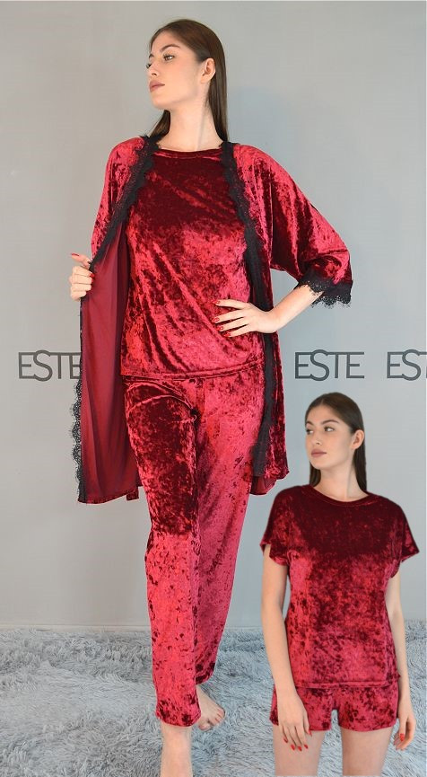 

Женский комплект 4-ка для сна и дома Este велюровый халат футболка шорты штаны / бордо 1304-1311, Женский комплект 4-ка для сна и дома Este велюровый халат футболка шорты штаны 48/50 бордо 1304-1311