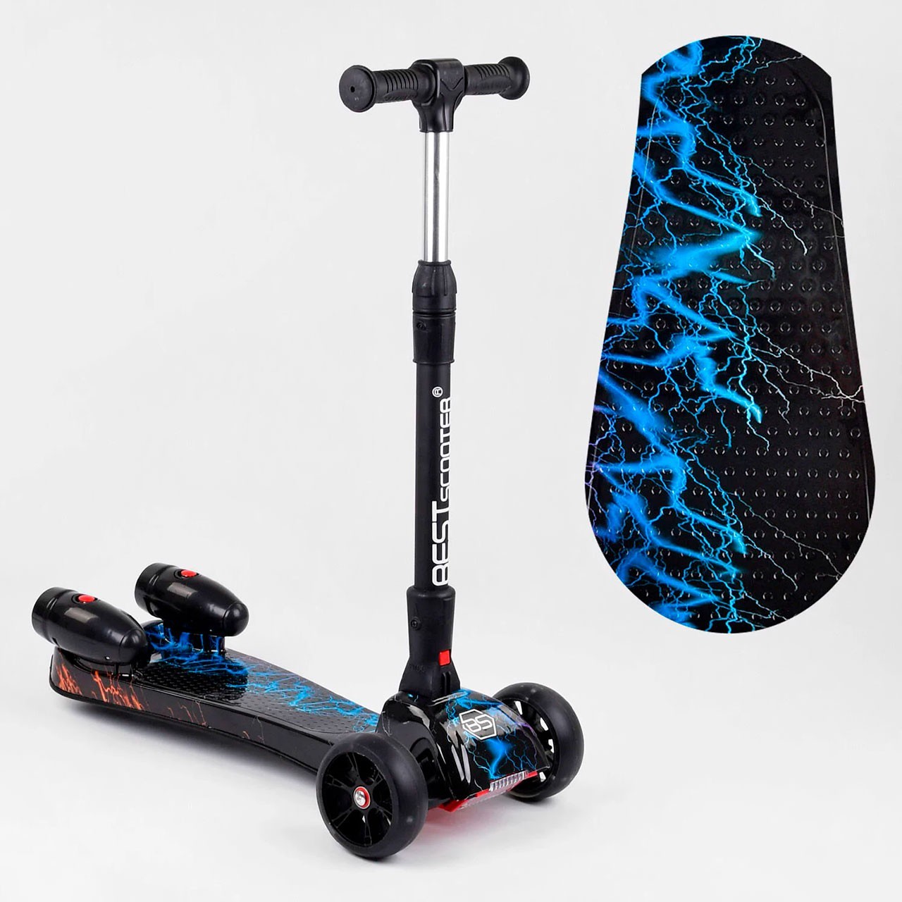

Самокат трехколесный Best Scooter 94666 "Молния" музыка, складной руль, парогенератор (100064)