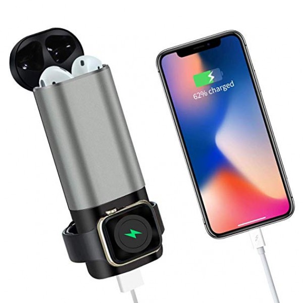 

Портативная батарея повер банк Power Bank 3 в 1 для для смартфона, часов, наушников Серебро