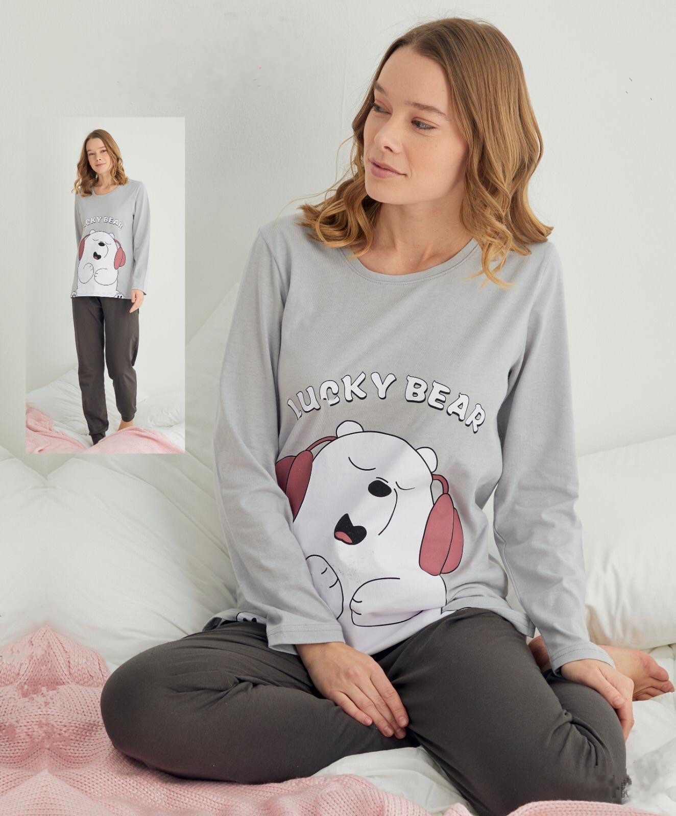 

Женская пижама (кофта+брюки) в ткани хлопок Lucky Bear  Серая, Женская пижама (кофта+брюки) в ткани хлопок Lucky Bear M Серая