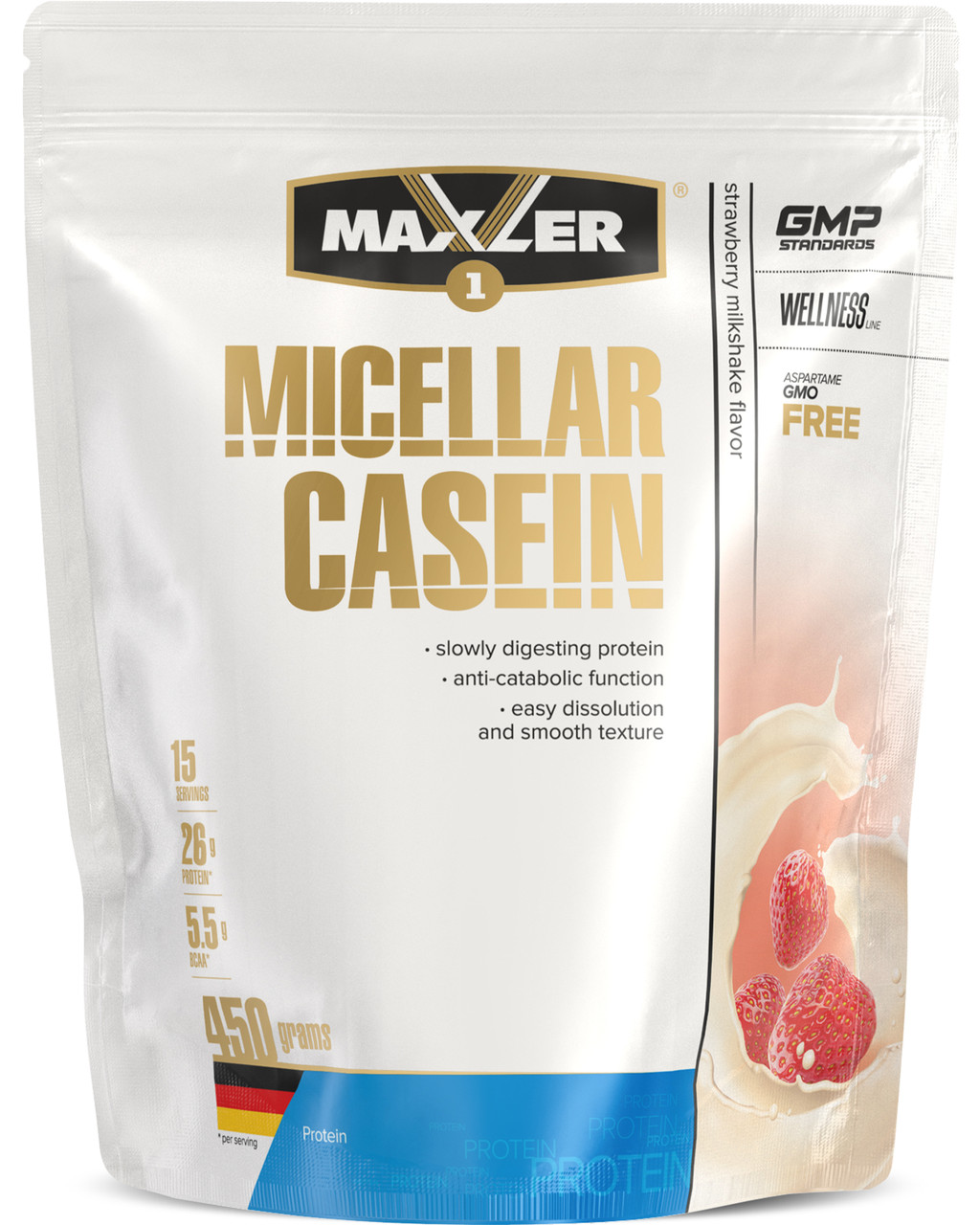 

Мицеллярный казеин Maxler "Micellar Casein" Клубничный милкшейк (450г)